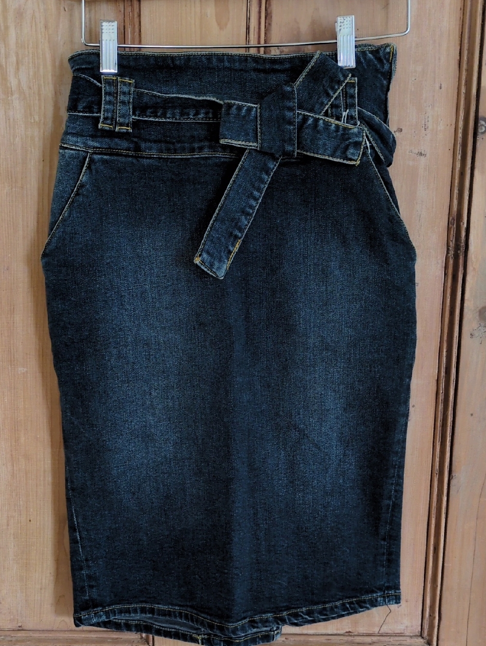 Dark Wash Denim Pencil Skirt with Belt